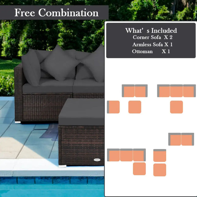 4 Pieces Ottoman Garden Patio Rattan Wicker Furniture Set with Cushion-Gray - Gray - Outdoor Sectionals