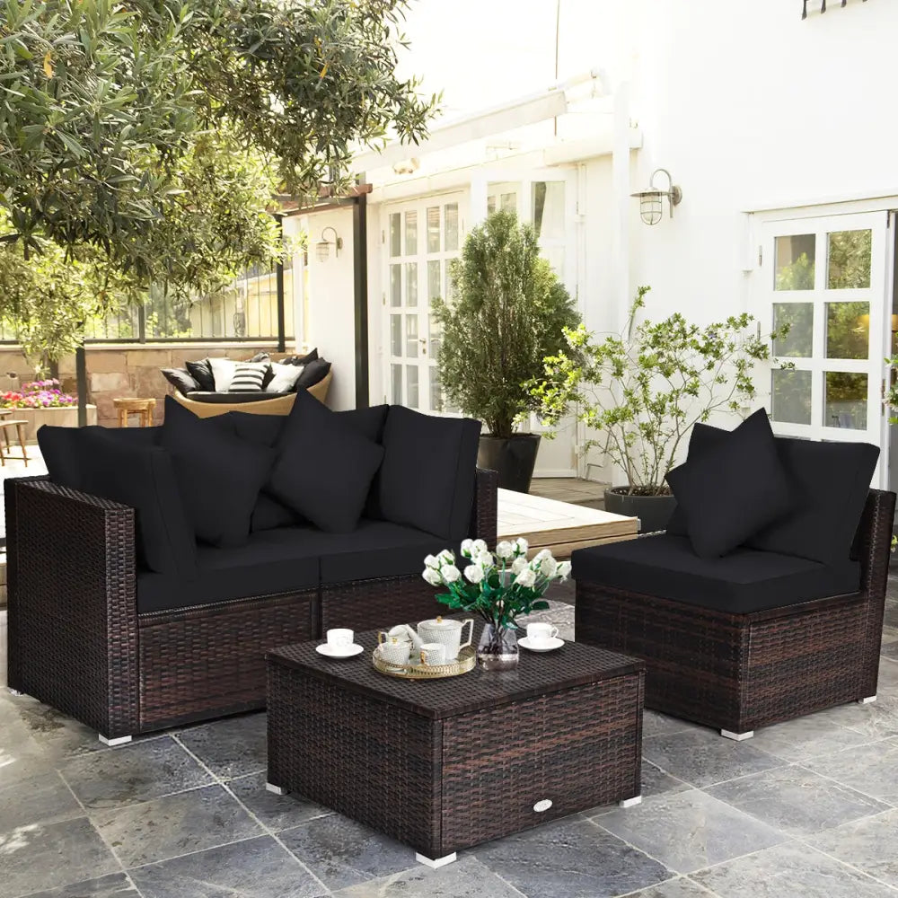 4 Pieces Ottoman Garden Patio Rattan Wicker Furniture Set with Cushion-Black - Black - Outdoor Sectionals