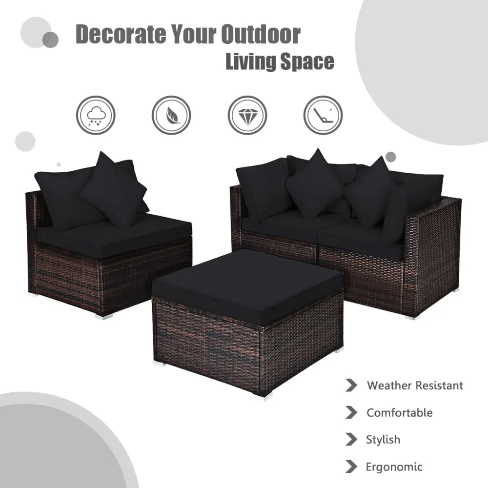 4 Pieces Ottoman Garden Patio Rattan Wicker Furniture Set with Cushion-Black - Black - Outdoor Sectionals