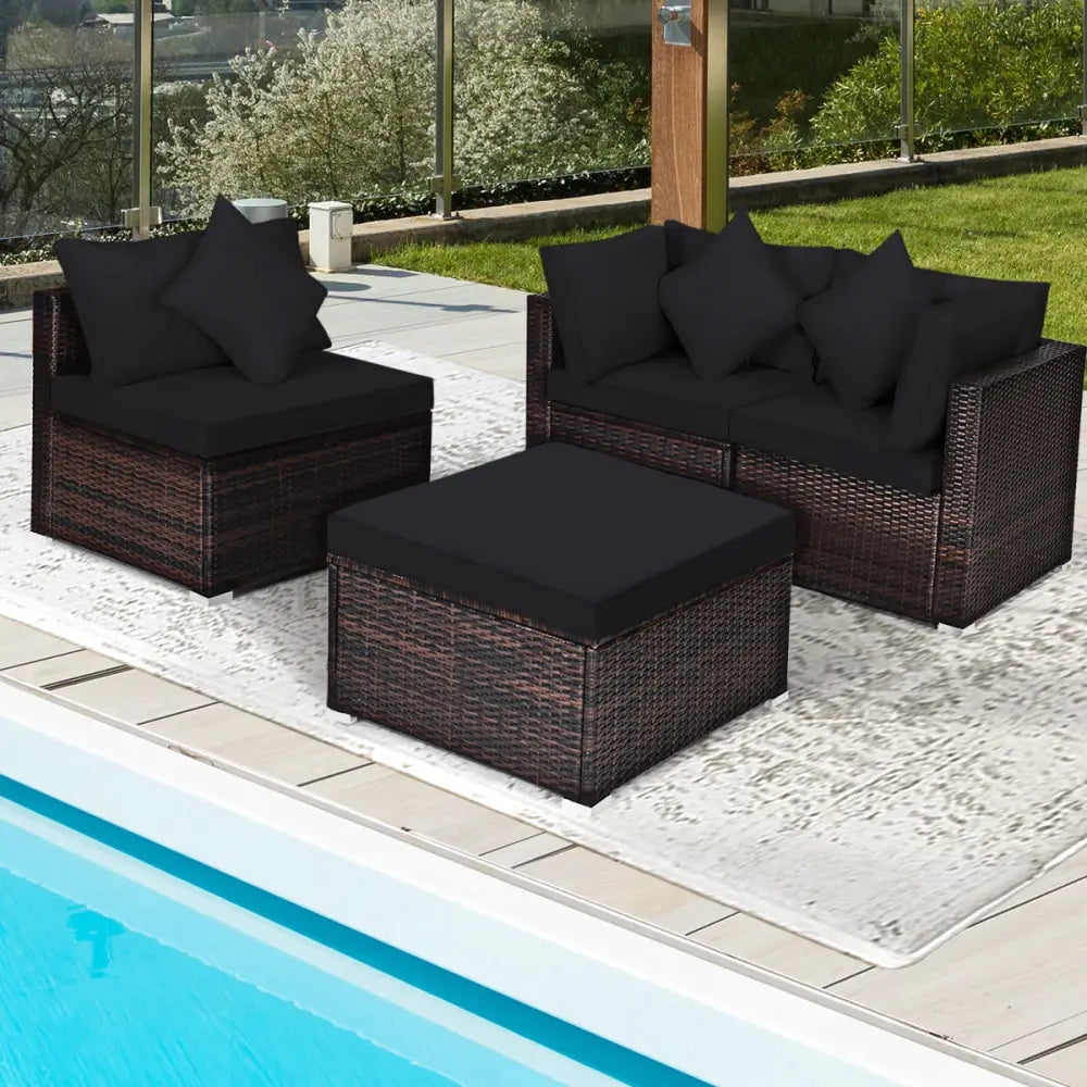 4 Pieces Ottoman Garden Patio Rattan Wicker Furniture Set with Cushion-Black - Black - Outdoor Sectionals