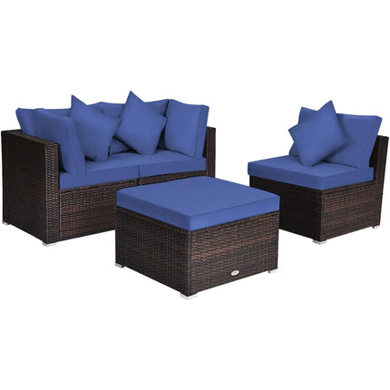 4 Pieces Ottoman Garden Patio Rattan Wicker Furniture Set with Cushion-Navy - Navy - Outdoor Sectionals