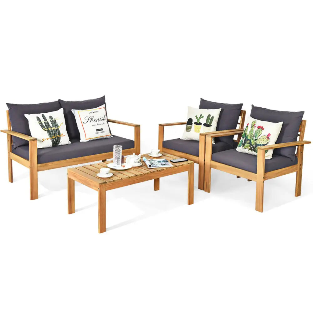 4 Pieces Outdoor Acacia Wood Chat Set with Removable Cushions and Table - Gray - Patio Conversation Sets