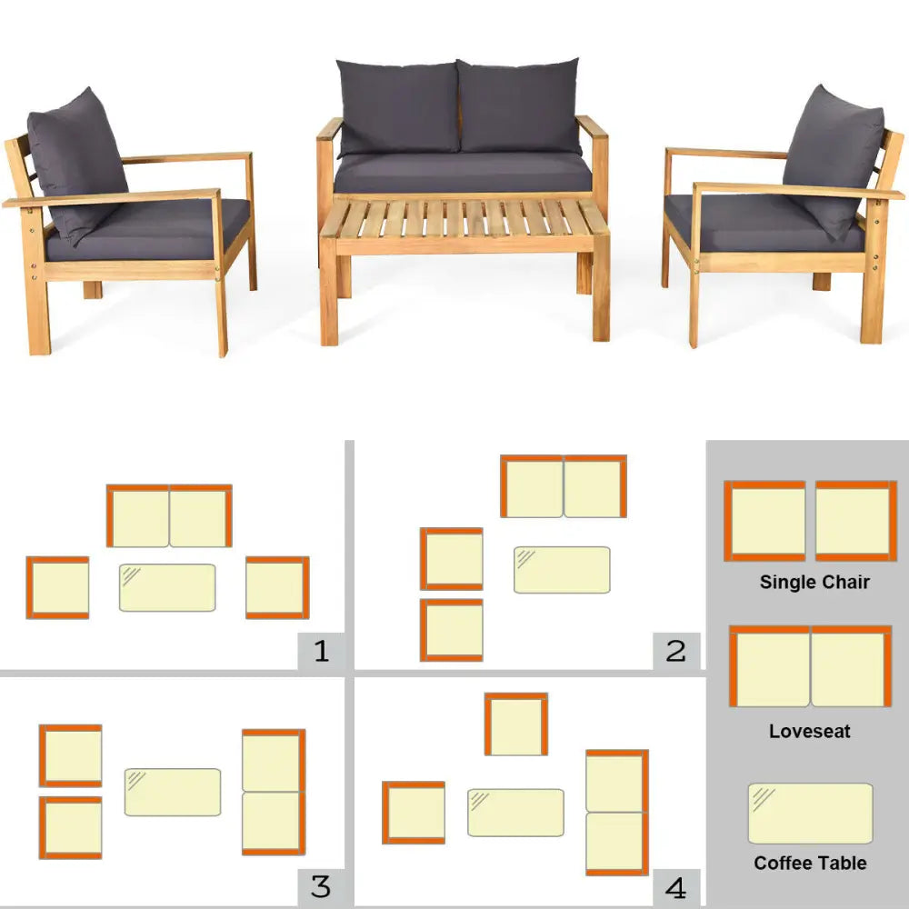 4 Pieces Outdoor Acacia Wood Chat Set with Removable Cushions and Table - Gray - Patio Conversation Sets