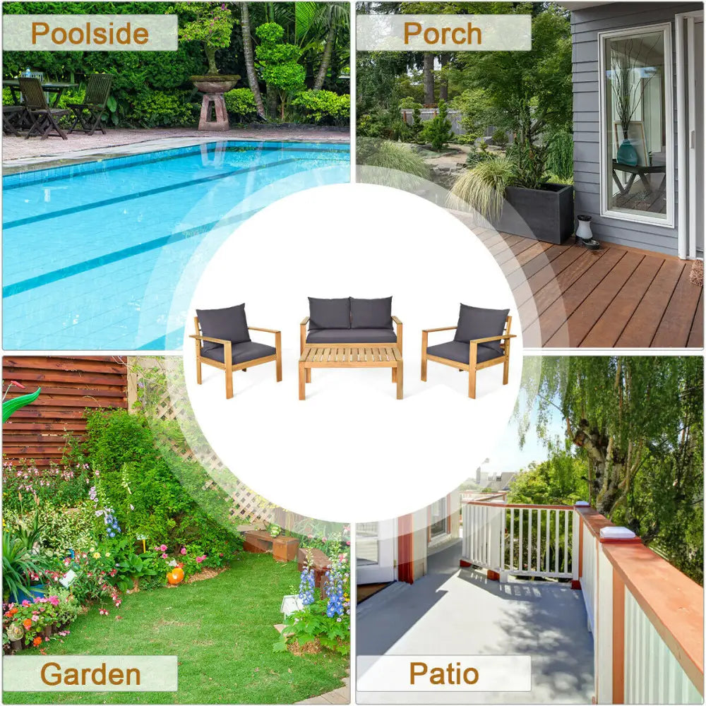 4 Pieces Outdoor Acacia Wood Chat Set with Removable Cushions and Table - Gray - Patio Conversation Sets