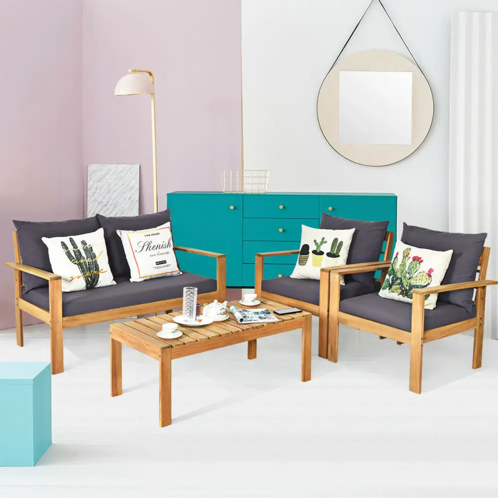 4 Pieces Outdoor Acacia Wood Chat Set with Removable Cushions and Table - Gray - Patio Conversation Sets