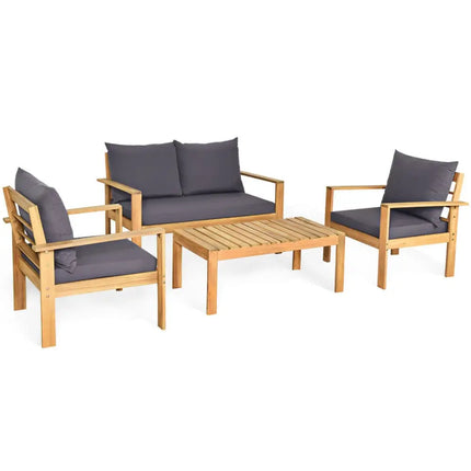 4 Pieces Outdoor Acacia Wood Chat Set with Removable Cushions and Table - Oasis Home Essentials