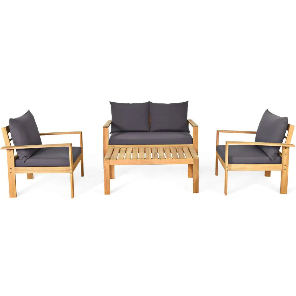 4 Pieces Outdoor Acacia Wood Chat Set with Removable Cushions and Table - Gray - Patio Conversation Sets