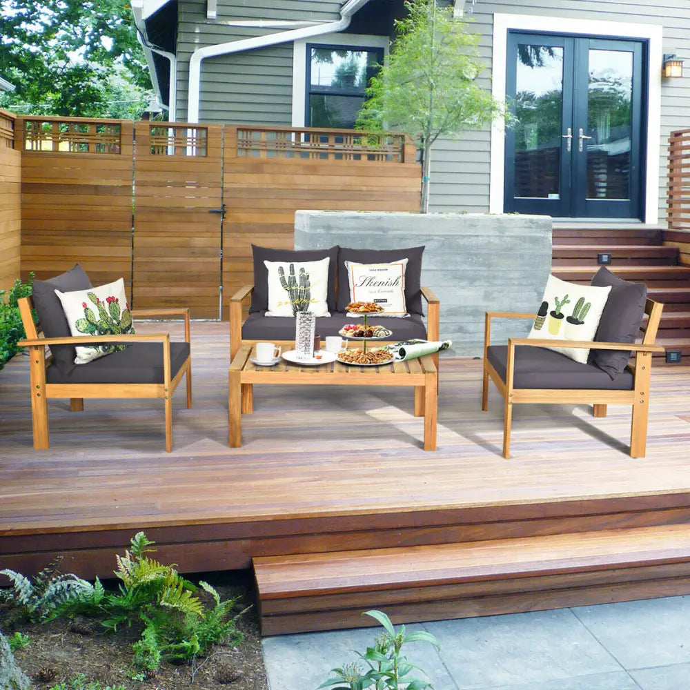 4 Pieces Outdoor Acacia Wood Chat Set with Removable Cushions and Table - Gray - Patio Conversation Sets