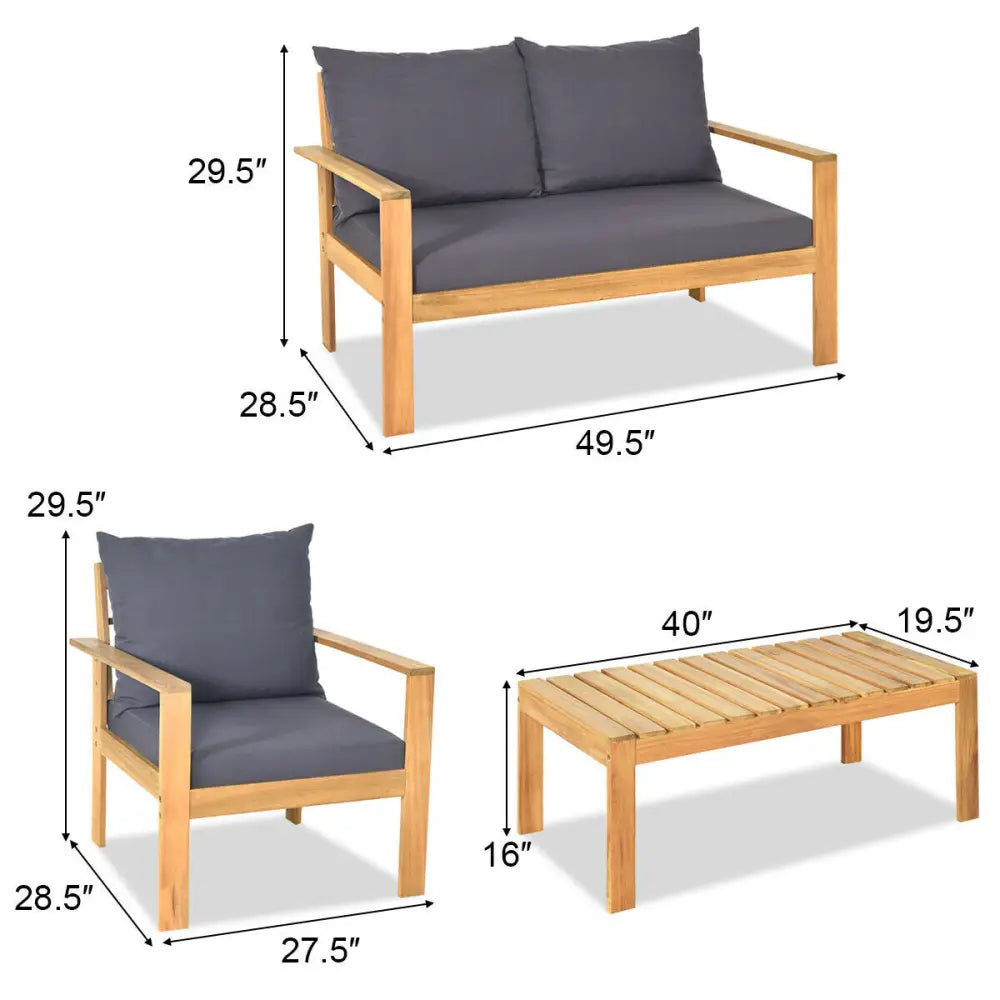 4 Pieces Outdoor Acacia Wood Chat Set with Removable Cushions and Table - Gray - Patio Conversation Sets