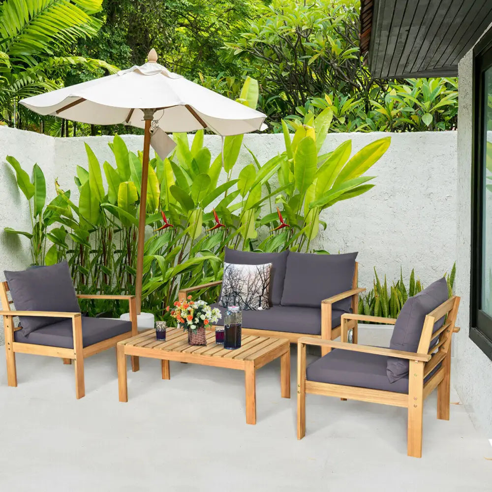 4 Pieces Outdoor Acacia Wood Chat Set with Removable Cushions and Table - Gray - Patio Conversation Sets