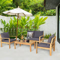 4 Pieces Outdoor Acacia Wood Chat Set with Removable Cushions and Table - Gray - Patio Conversation Sets