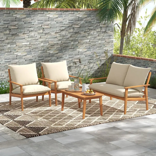 4 Pieces Outdoor Acacia Wood Conversation Set with Soft Cushions and Coffee Table-White - White - Patio Conversation
