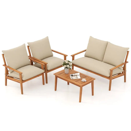 4 Pieces Outdoor Acacia Wood Conversation Set with Soft Cushions and Coffee Table-White - White - Patio Conversation