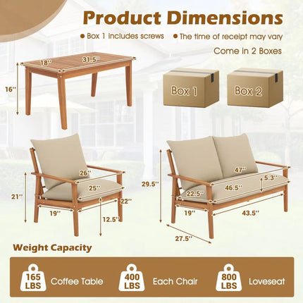 4 Pieces Outdoor Acacia Wood Conversation Set with Soft Cushions and Coffee Table-White - White - Patio Conversation