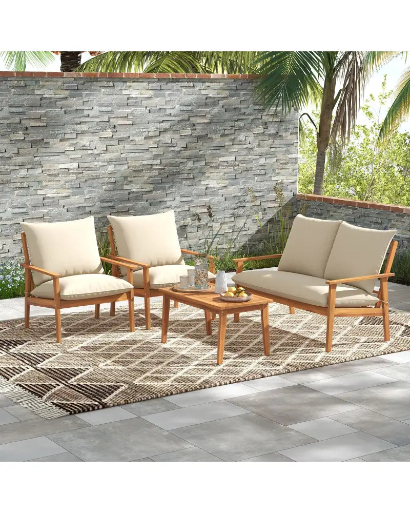 4 Pieces Outdoor Acacia Wood Conversation Set with Soft Cushions and Coffee Table-White - White - Patio Conversation