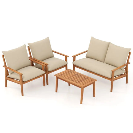 4 Pieces Outdoor Acacia Wood Conversation Set with Soft Cushions and Coffee Table-White - White - Patio Conversation