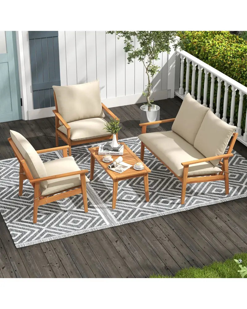 4 Pieces Outdoor Acacia Wood Conversation Set with Soft Cushions and Coffee Table-White - White - Patio Conversation
