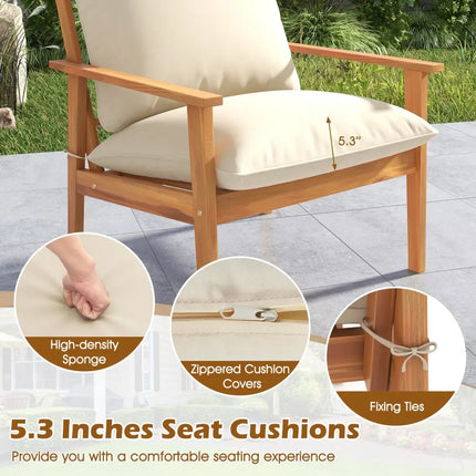 4 Pieces Outdoor Acacia Wood Conversation Set with Soft Cushions and Coffee Table-White - White - Patio Conversation