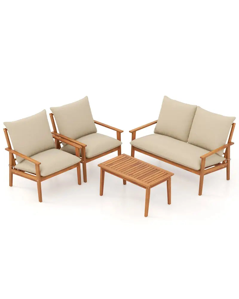 4 Pieces Outdoor Acacia Wood Conversation Set with Soft Cushions and Coffee Table-White - White - Patio Conversation