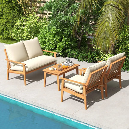 4 Pieces Outdoor Acacia Wood Conversation Set with Soft Cushions and Coffee Table-White - White - Patio Conversation