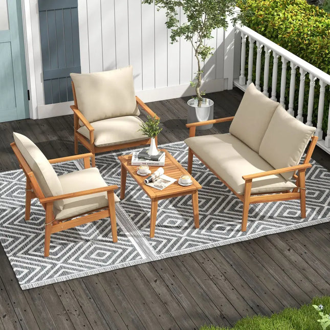 4 Pieces Outdoor Acacia Wood Conversation Set with Soft Cushions and Coffee Table-White - White - Patio Conversation