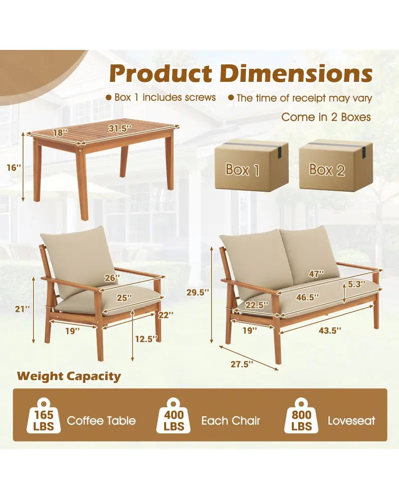 4 Pieces Outdoor Acacia Wood Conversation Set with Soft Cushions and Coffee Table-White - White - Patio Conversation