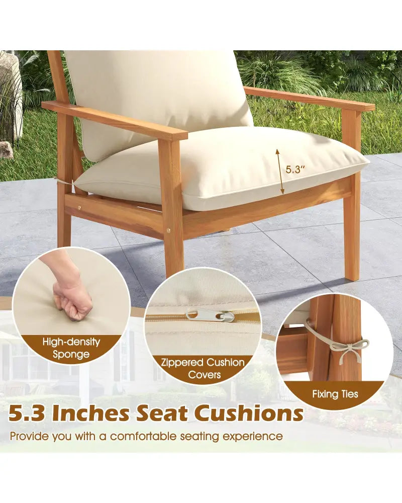 4 Pieces Outdoor Acacia Wood Conversation Set with Soft Cushions and Coffee Table-White - White - Patio Conversation