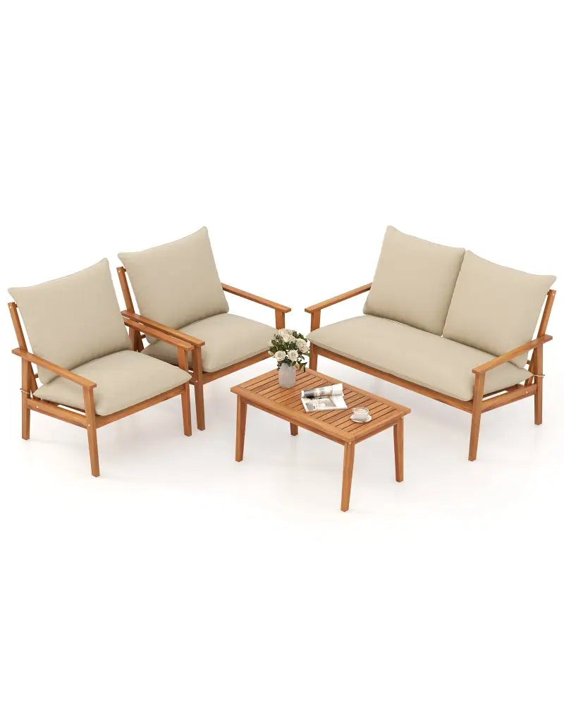 4 Pieces Outdoor Acacia Wood Conversation Set with Soft Cushions and Coffee Table-White - White - Patio Conversation