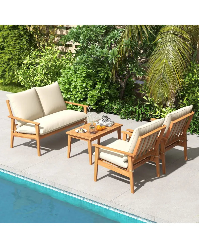 4 Pieces Outdoor Acacia Wood Conversation Set with Soft Cushions and Coffee Table-White - White - Patio Conversation