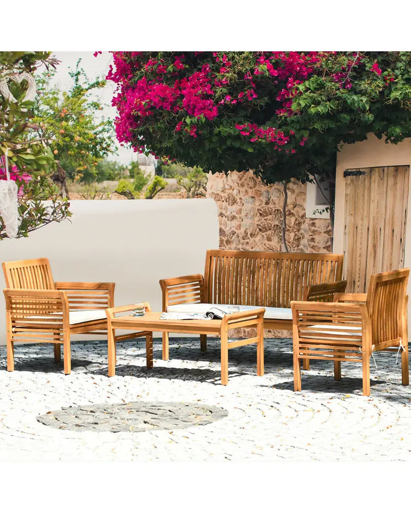 4 Pieces Outdoor Acacia Wood Sofa Furniture Set - Patio Conversation Sets