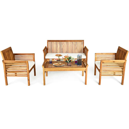 4 Pieces Outdoor Acacia Wood Sofa Furniture Set - Patio Conversation Sets
