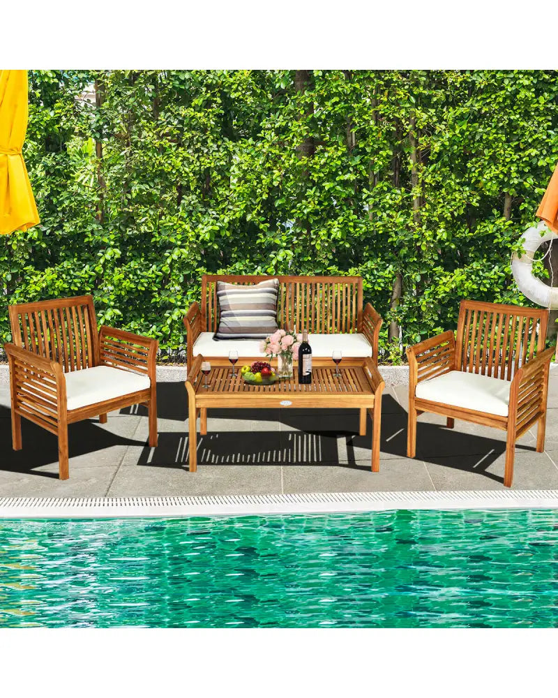 4 Pieces Outdoor Acacia Wood Sofa Furniture Set - Patio Conversation Sets
