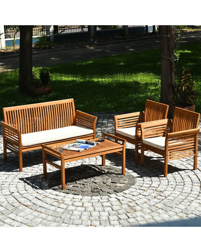 4 Pieces Outdoor Acacia Wood Sofa Furniture Set - Patio Conversation Sets