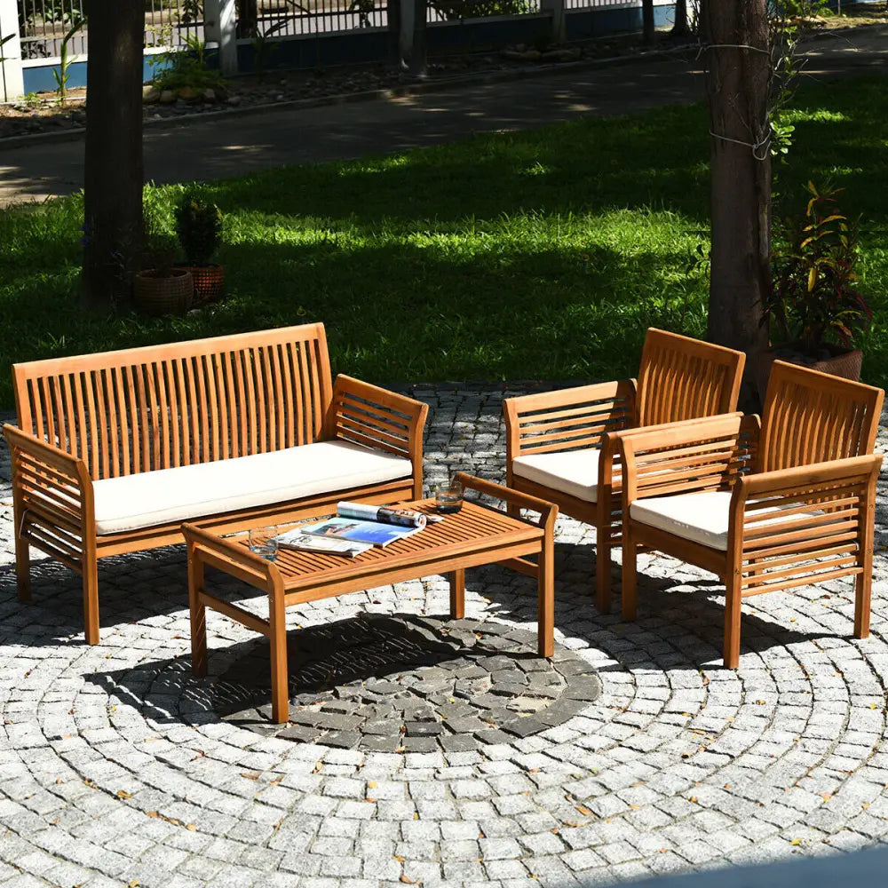 4 Pieces Outdoor Acacia Wood Sofa Furniture Set - Patio Conversation Sets