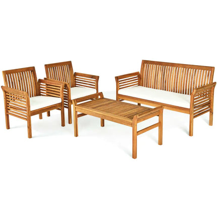 4 Pieces Outdoor Acacia Wood Sofa Furniture Set - Patio Conversation Sets
