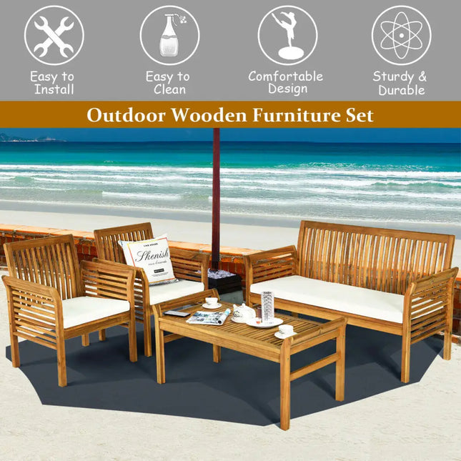 4 Pieces Outdoor Acacia Wood Sofa Furniture Set - Patio Conversation Sets