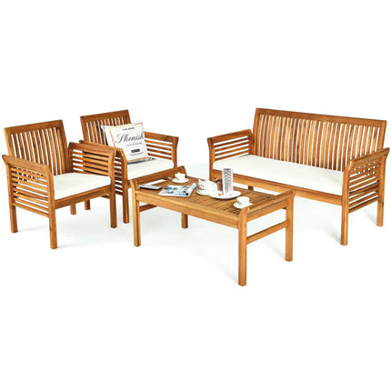 4 Pieces Outdoor Acacia Wood Sofa Furniture Set - Patio Conversation Sets