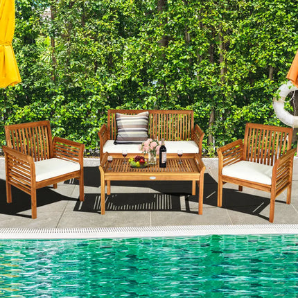 4 Pieces Outdoor Acacia Wood Sofa Furniture Set - Patio Conversation Sets
