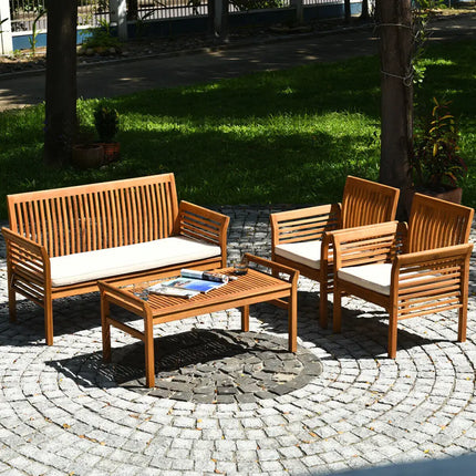 4 Pieces Outdoor Acacia Wood Sofa Furniture Set - Patio Conversation Sets