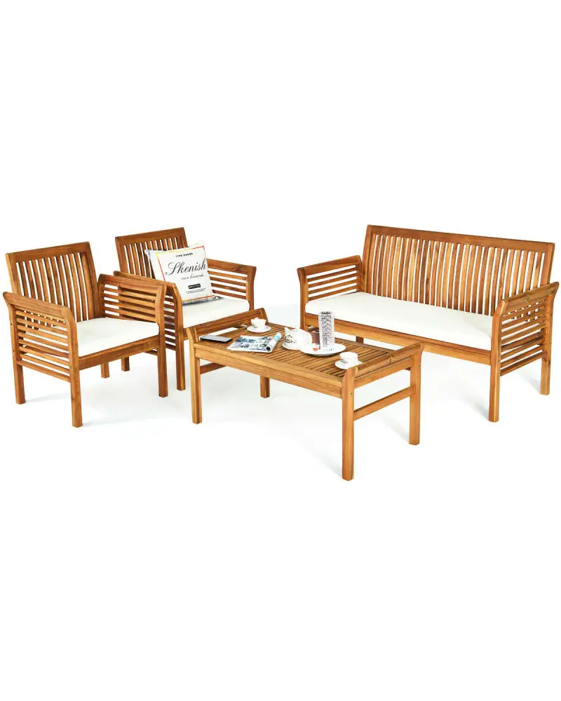 4 Pieces Outdoor Acacia Wood Sofa Furniture Set - Patio Conversation Sets