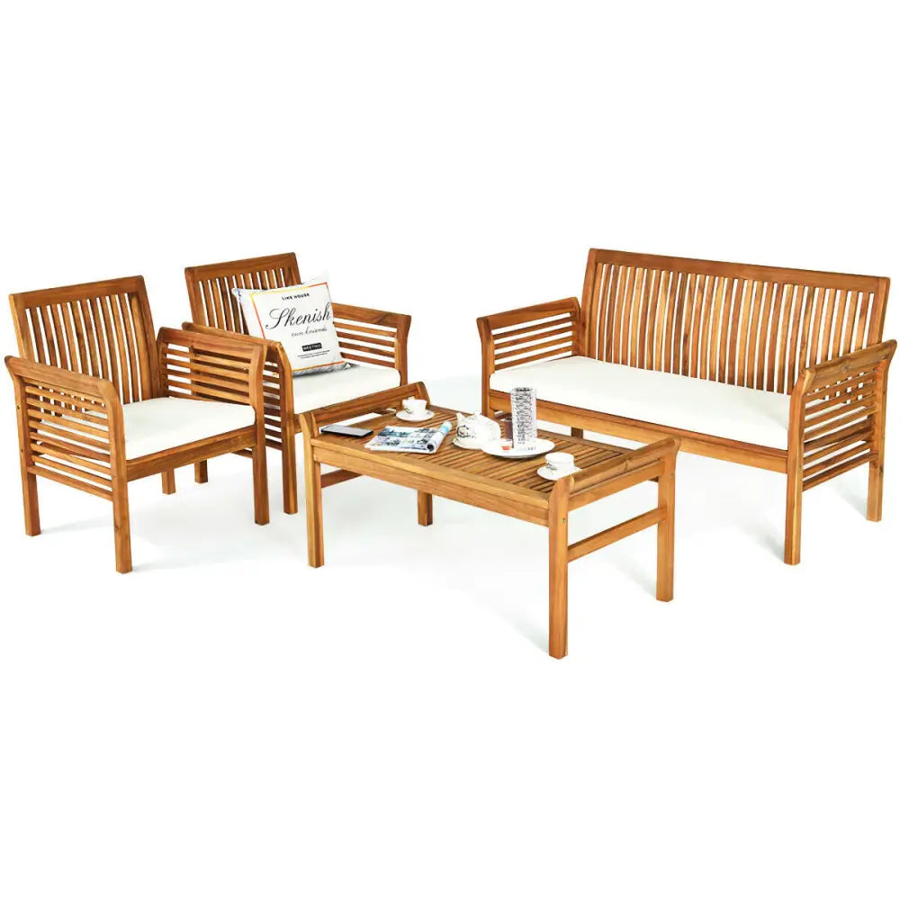 4 Pieces Outdoor Acacia Wood Sofa Furniture Set - Patio Conversation Sets