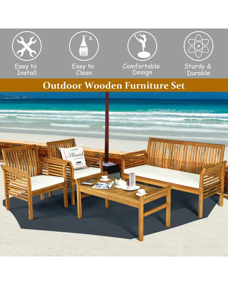 4 Pieces Outdoor Acacia Wood Sofa Furniture Set - Patio Conversation Sets