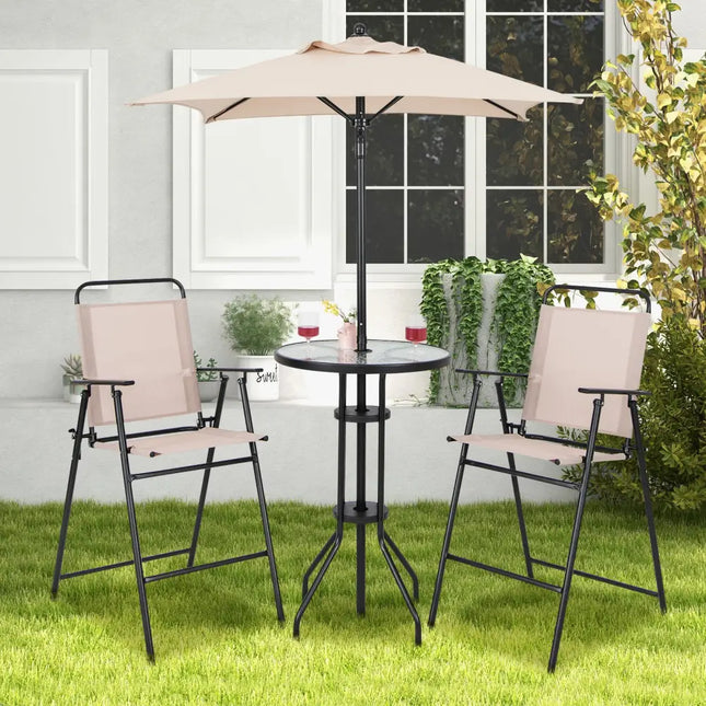 4 Pieces Outdoor Bar Set with Umbrella-Beige - Beige - Patio Bar Furniture