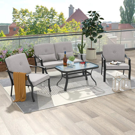 4 Pieces Outdoor Conversation Set with Seat Back Cushions and Waist Pillows-Gray - Gray - Patio Furniture Sets