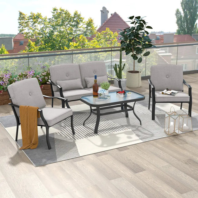 4 Pieces Outdoor Conversation Set with Seat Back Cushions and Waist Pillows-Gray - Gray - Patio Furniture Sets