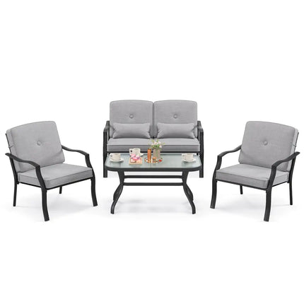 4 Pieces Outdoor Conversation Set with Seat Back Cushions and Waist Pillows-Gray - Gray - Patio Furniture Sets