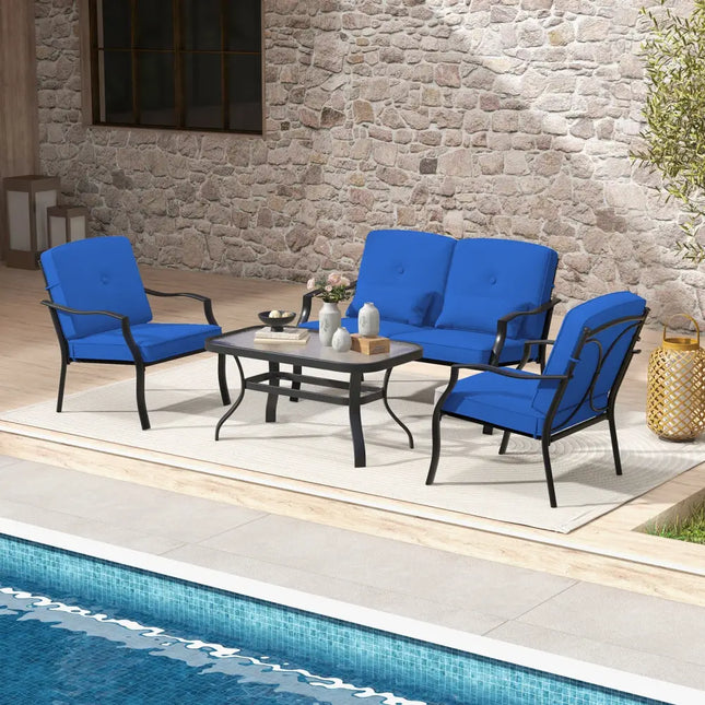 4 Pieces Outdoor Conversation Set with Seat Back Cushions and Waist Pillows-Navy - Navy - Patio Furniture Sets