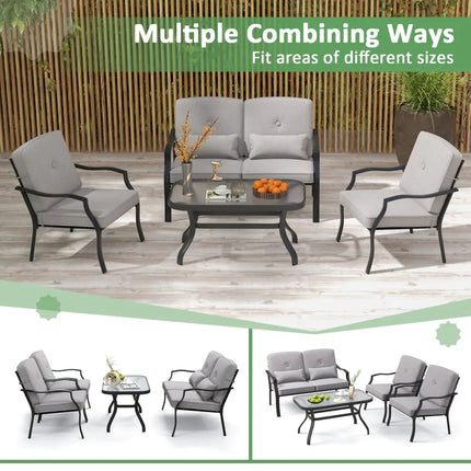 4 Pieces Outdoor Conversation Set with Seat Back Cushions and Waist Pillows-Gray - Gray - Patio Furniture Sets