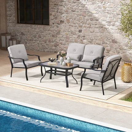 4 Pieces Outdoor Conversation Set with Seat Back Cushions and Waist Pillows-Gray - Gray - Patio Furniture Sets