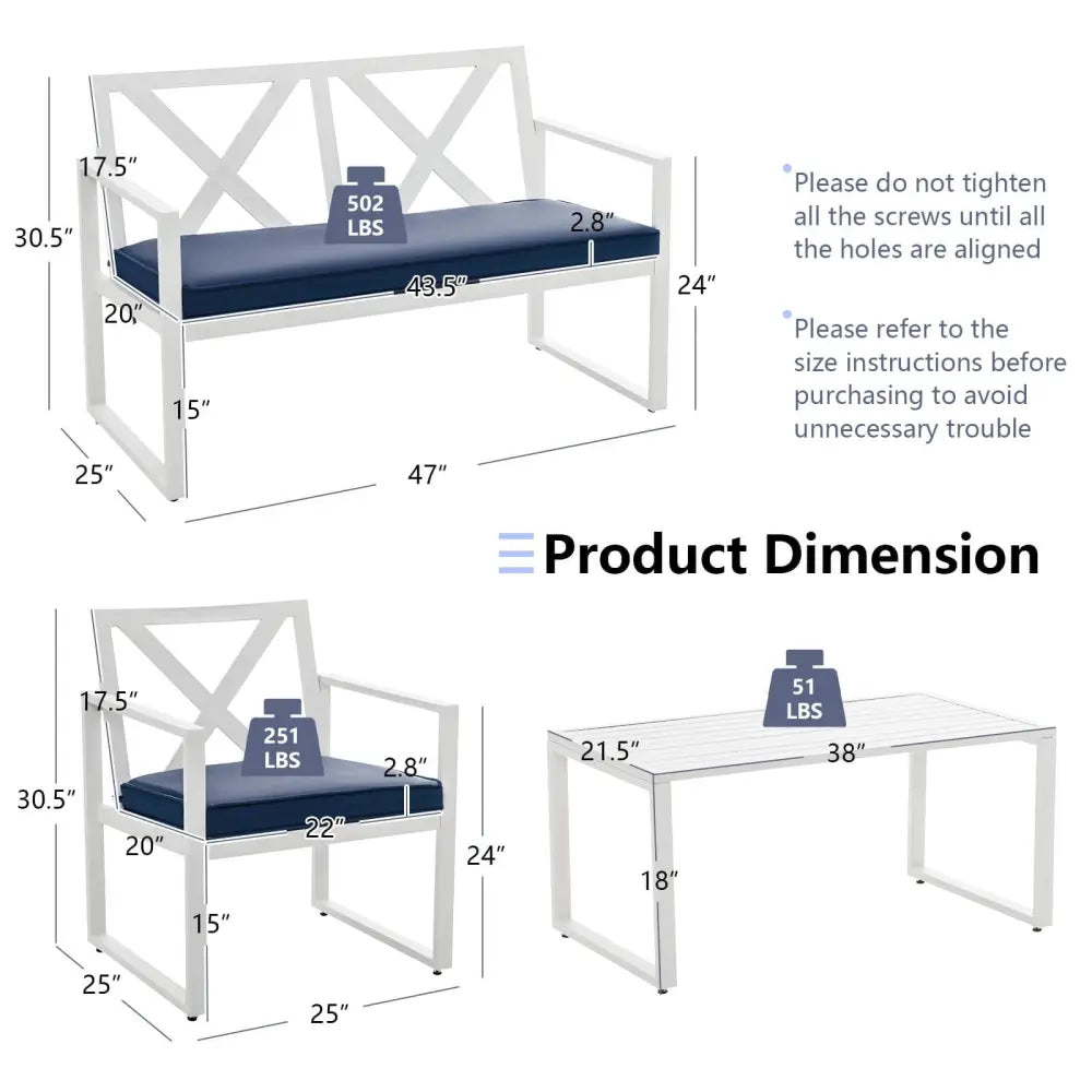 4 Pieces Outdoor Conversation Set with Sturdy Steel Frame - White - Patio Conversation Sets